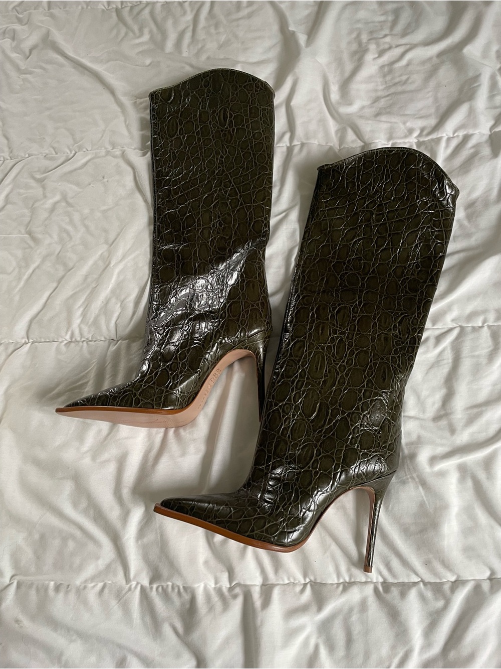 SCHUTZ Maryana Dark Olive Croc-Embossed Pointed Stiletto Knee Boots